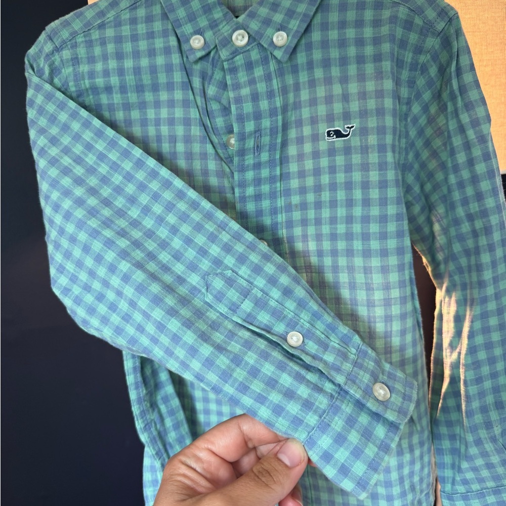 Vineyard Vines BoysBlue and Green Checkered Whale Shirt – 3T